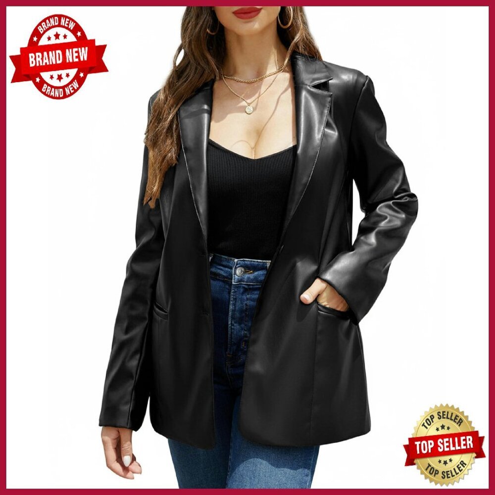 Faux Leather Blazer Jacket Vegan Pleather Button Down Coat Women's
